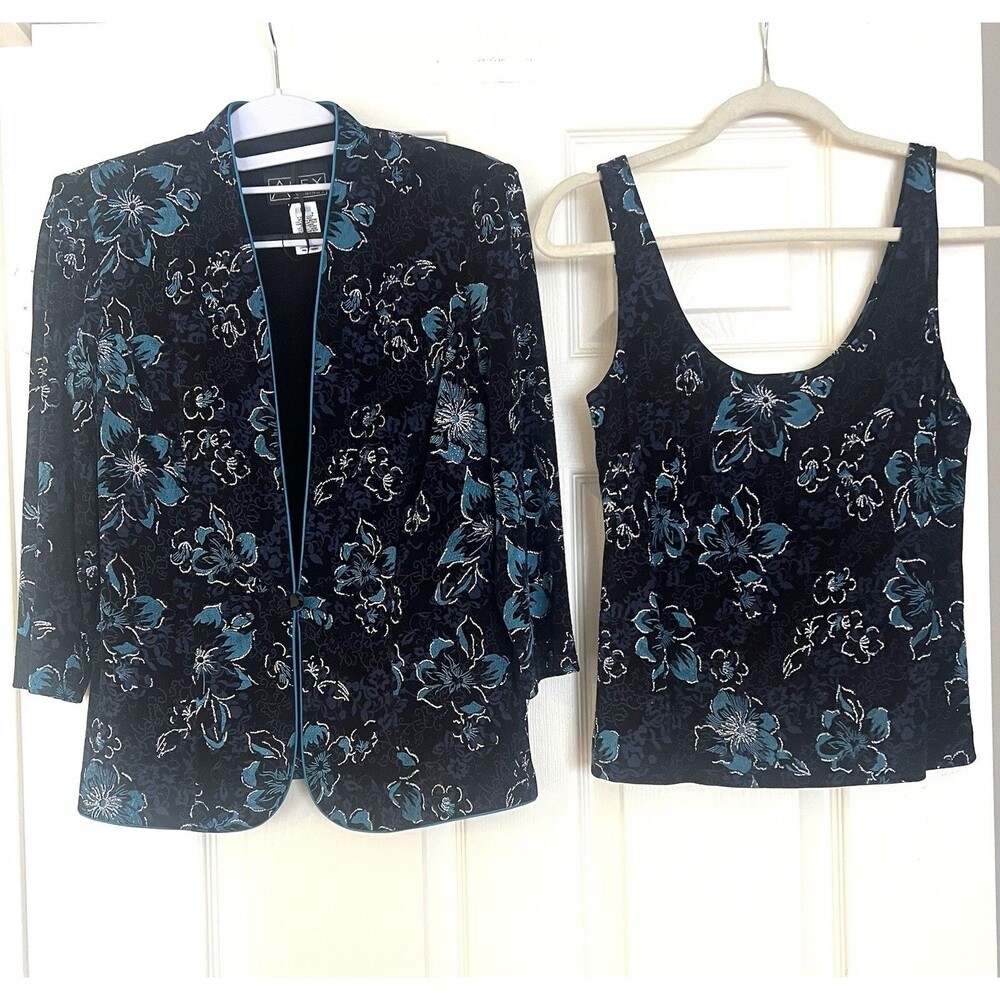 VTG Alex Evenings Velvet Floral 2pc Set Jacket Tank Cami M Made in USA 1990’s